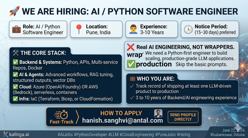 Landscape job poster for a production-grade AI Python Software Engineer vacancy in Pune with stack details.