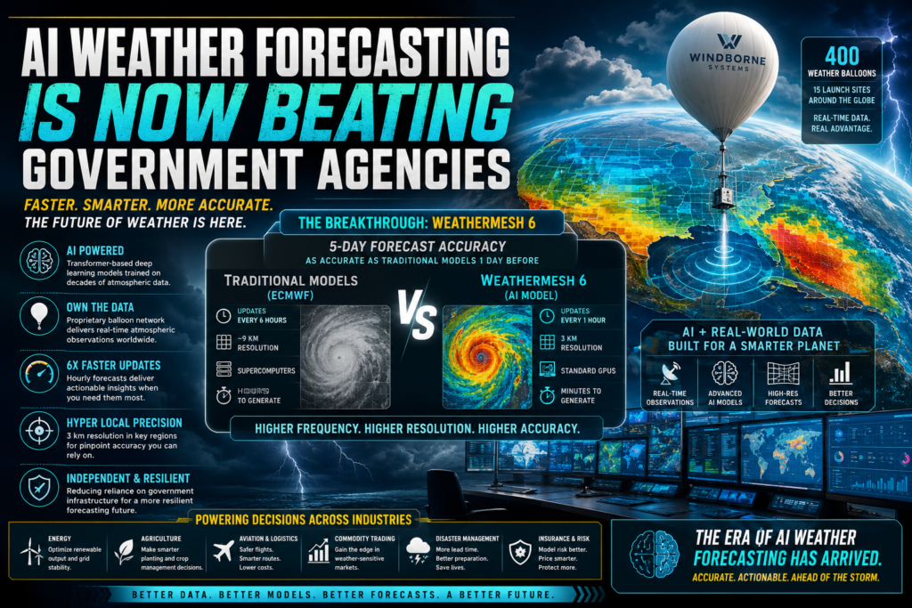 AI weather forecasting dashboard showing WeatherMesh 6 outperforming traditional weather prediction systems