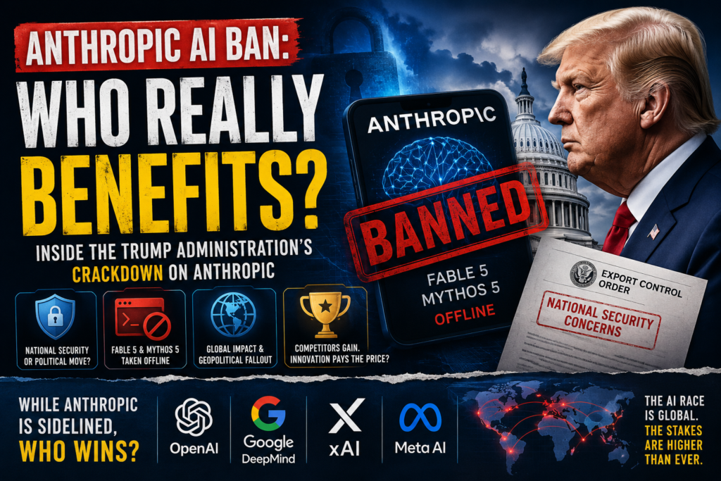 Illustration of the Anthropic AI ban showing Trump administration restrictions on advanced AI models.