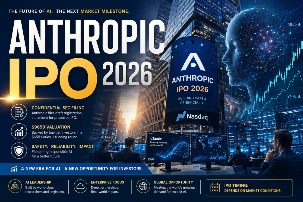 Anthropic IPO 2026 illustration showing AI company public market debut and investor interest in artificial intelligence