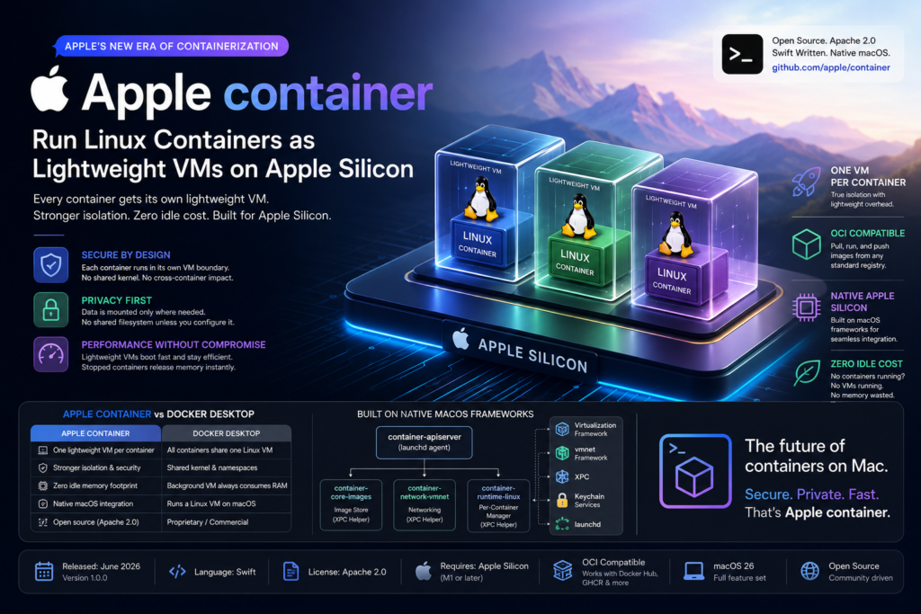 Apple container running lightweight Linux VM on Apple Silicon for secure OCI-compatible container development.