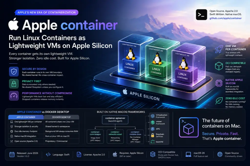 Apple container running lightweight Linux VM on Apple Silicon for secure OCI-compatible container development.