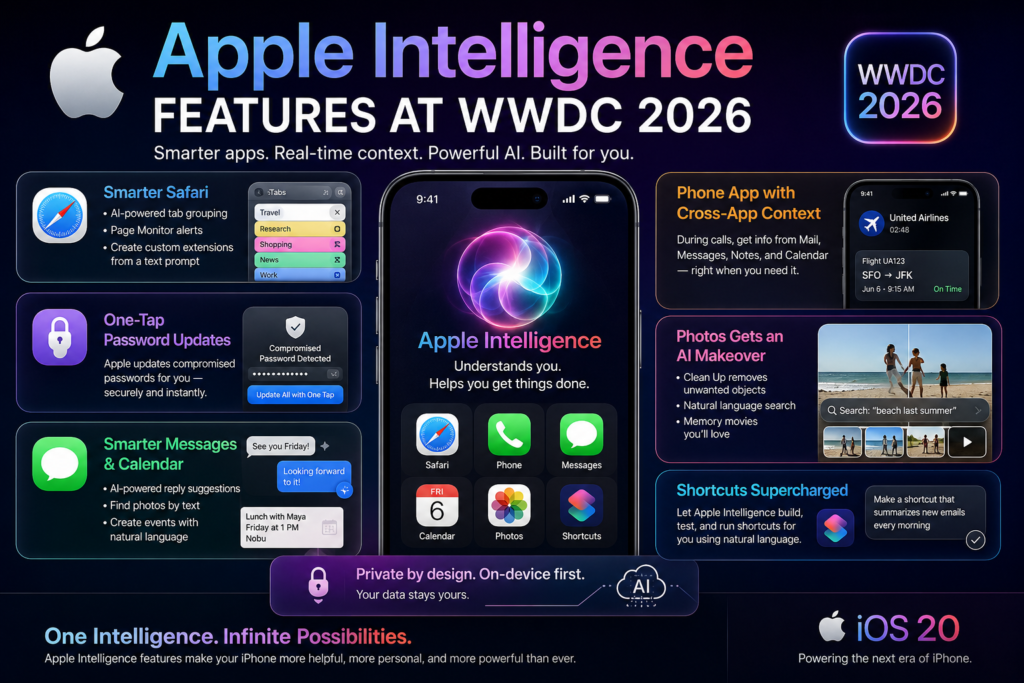Apple Intelligence features showcased at WWDC 2026 including AI-powered Phone, Safari, Messages, and Photos apps
