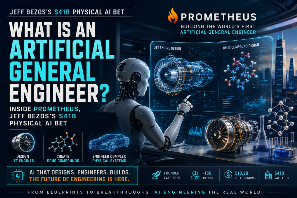 Artificial General Engineer concept showing AI designing jet engines and drug compounds in a futuristic laboratory