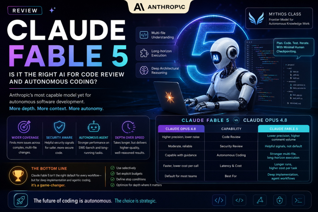 Claude Fable 5 review comparing autonomous coding, code review performance, and AI software development capabilities.