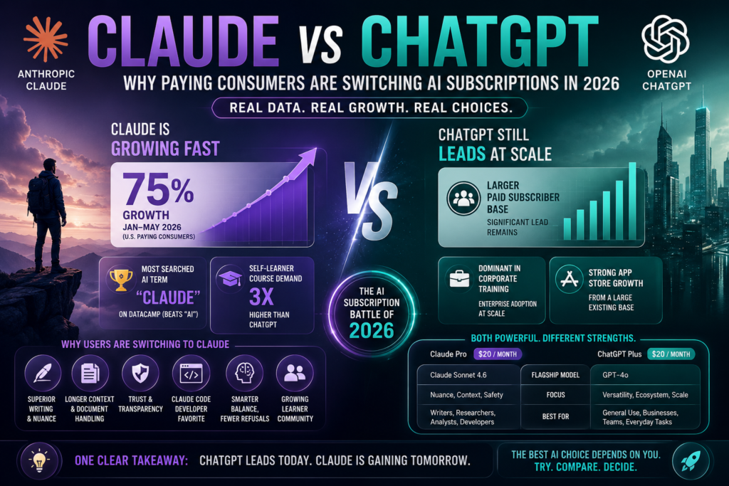 Claude vs ChatGPT comparison showing AI subscription growth, features, and consumer trends in 2026.