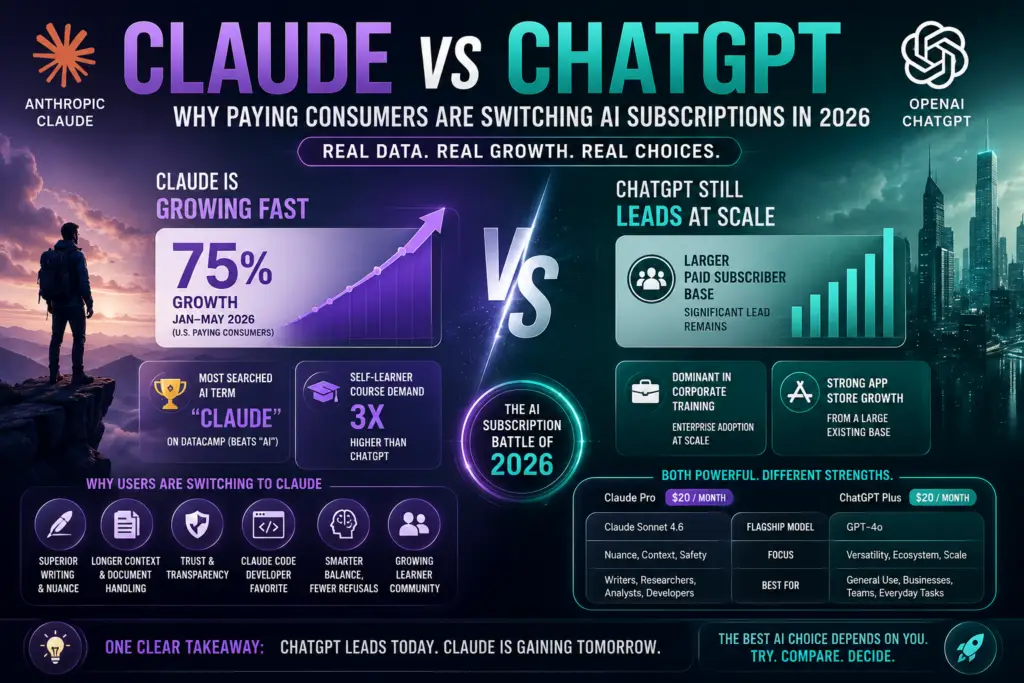 Claude vs ChatGPT comparison showing AI subscription growth, features, and consumer trends in 2026.