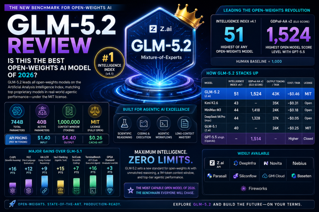 GLM-5.2 Review showing benchmark scores, open-weights architecture, and AI model comparison for 2026.
