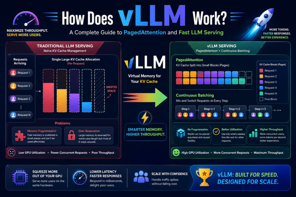 Diagram showing how vLLM works using PagedAttention, KV cache blocks and continuous batching for fast LLM serving.