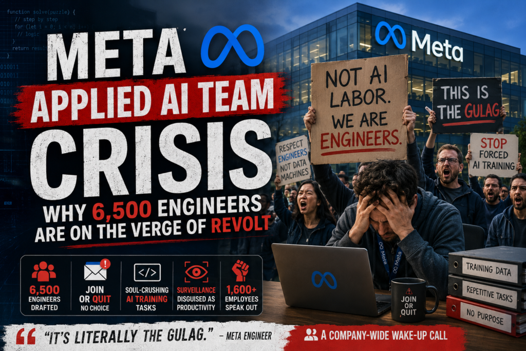 Illustration of Meta Applied AI Team crisis as engineers protest forced AI training and surveillance policies in 2026