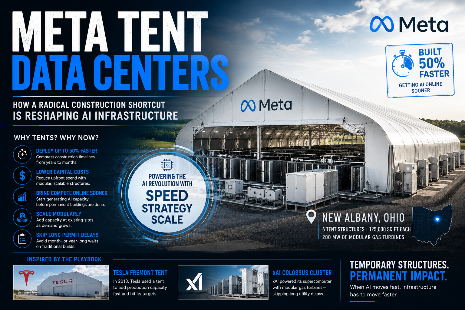 Meta tent data centers under construction in Ohio to accelerate AI infrastructure deployment and compute capacity expansion.