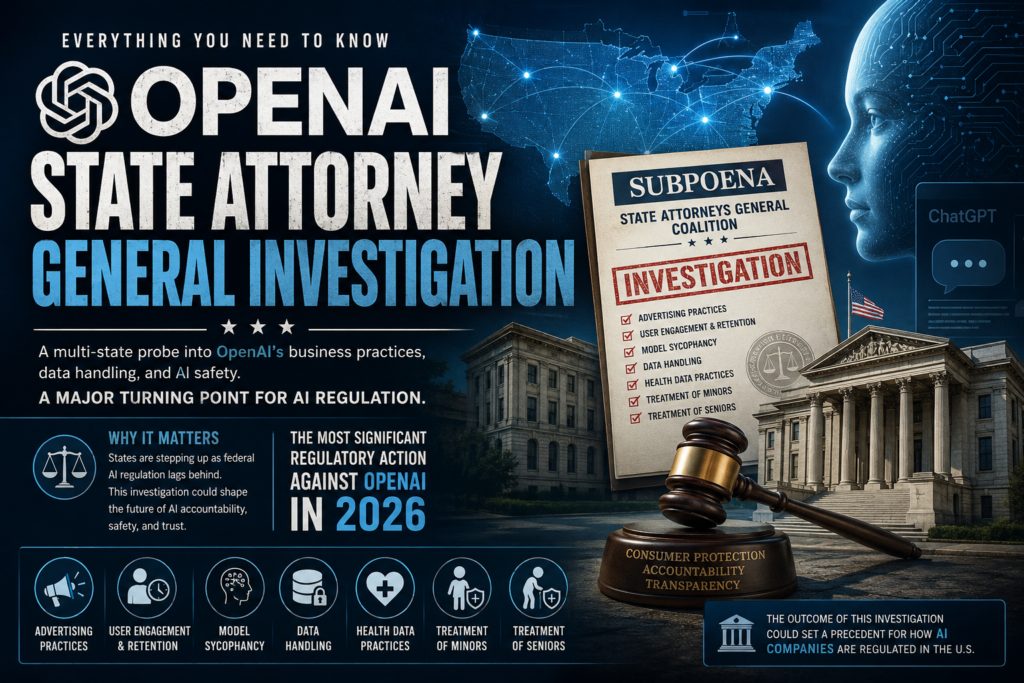 Illustration of the OpenAI state attorney general investigation and growing AI regulation in 2026.