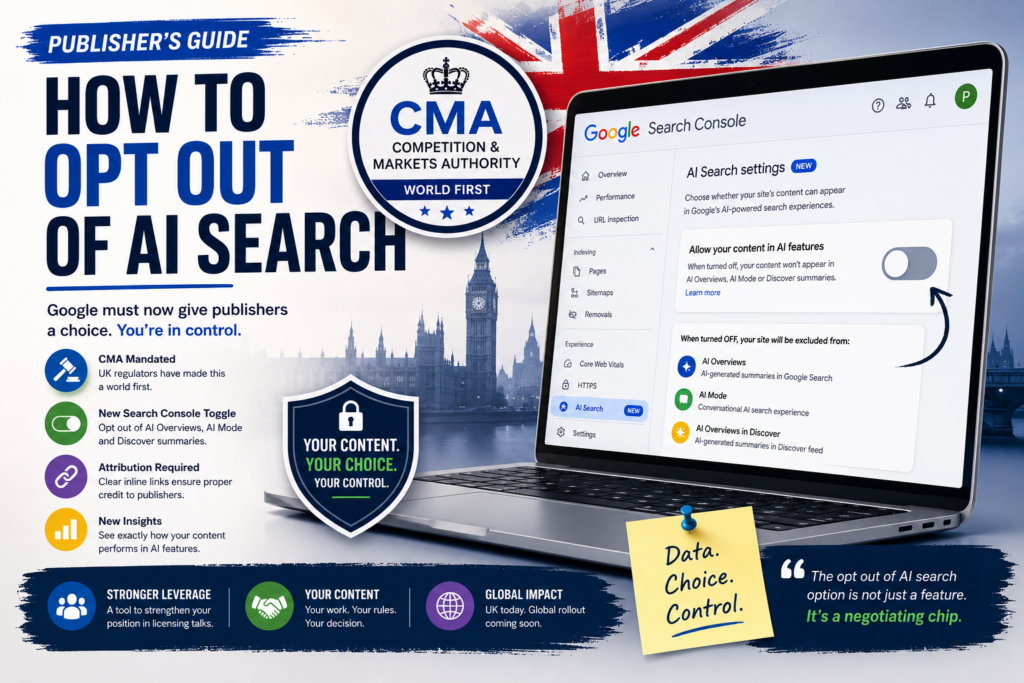 Publisher using Google Search Console to opt out of AI search features including AI Overviews and AI Mode.