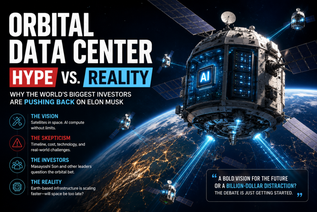 Illustration of an orbital data center powering AI infrastructure with satellites orbiting Earth and processing data in space.