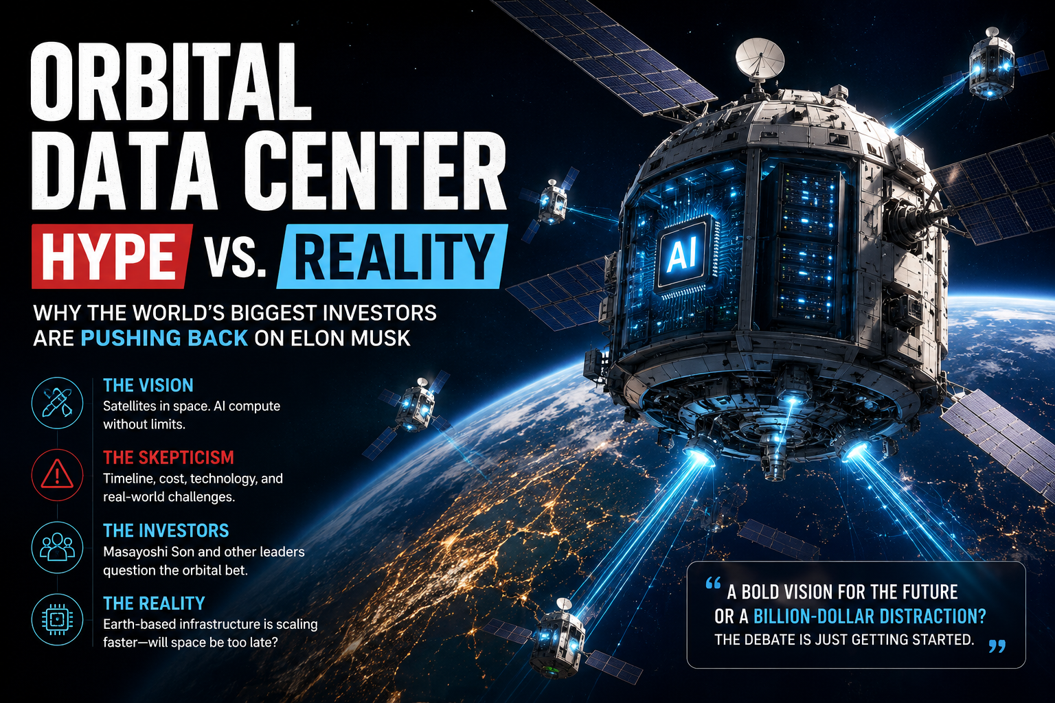 Illustration of an orbital data center powering AI infrastructure with satellites orbiting Earth and processing data in space.