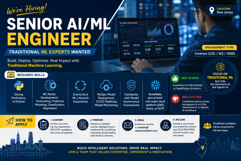 Senior AI/ML Engineer job opening in New Jersey focused on traditional machine learning and MLOps.