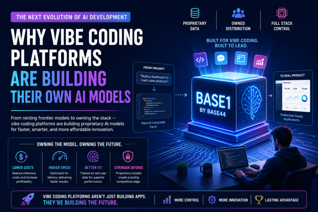 Illustration of vibe coding platforms developing proprietary AI models for faster app creation and long-term innovation.