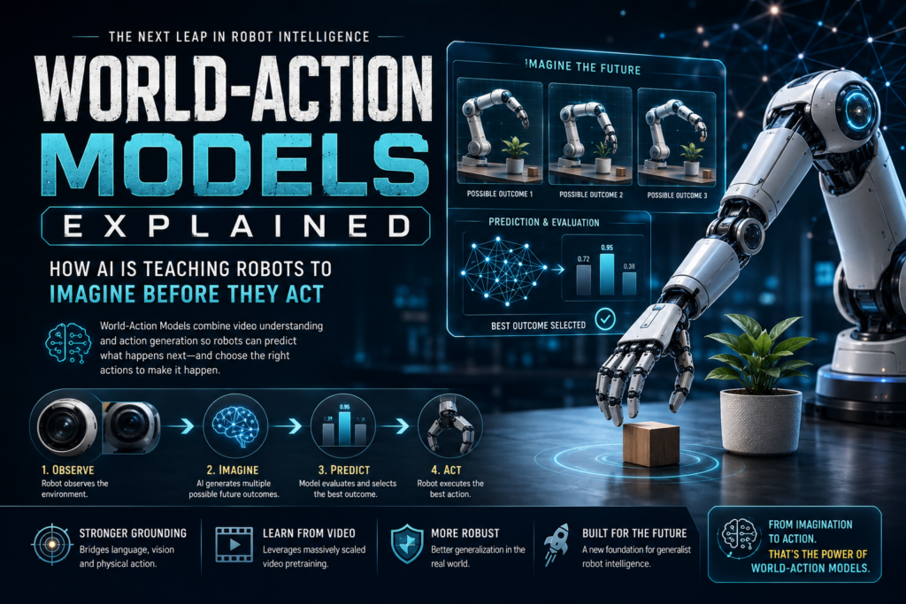 Illustration of World-Action Models enabling AI robots to predict outcomes and perform physical actions intelligently.