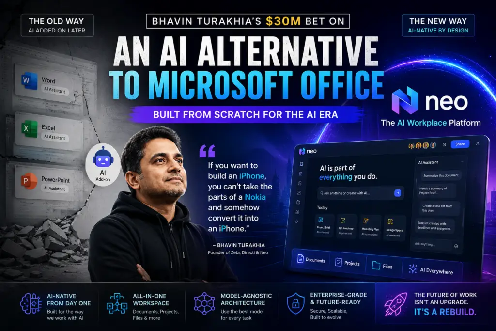 Bhavin Turakhia introduces Neo, an AI alternative to Microsoft Office built from scratch for AI-powered enterprise productivity.