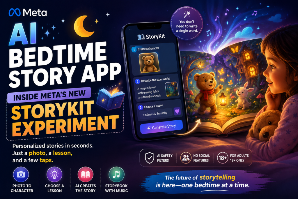 Meta's AI Bedtime Story App StoryKit creating personalized bedtime stories for children from photos and prompts.