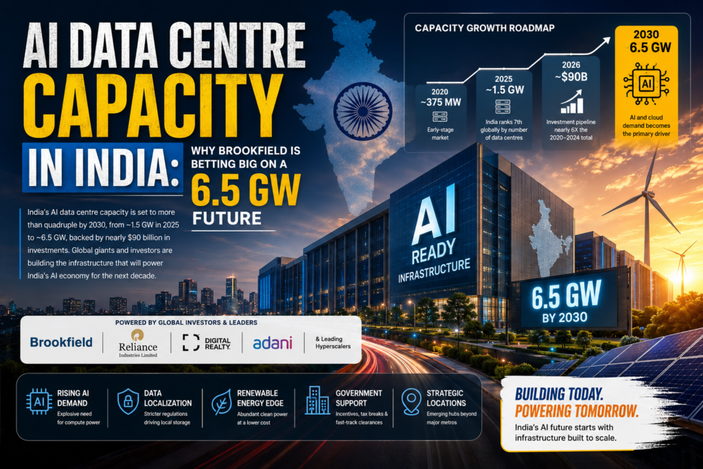 AI data centre capacity in India showing Brookfield-led infrastructure growth toward 6.5 GW by 2030.