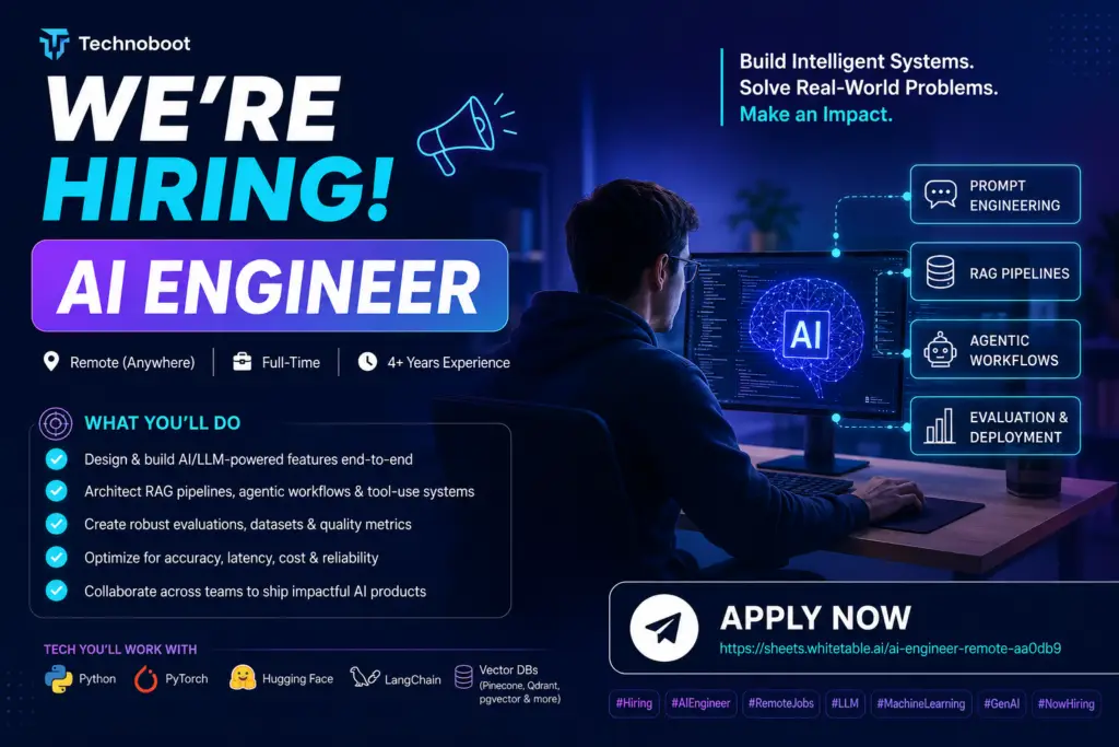 AI Engineer Jobs remote hiring with LLM, RAG, Python, and machine learning skills for experienced professionals.