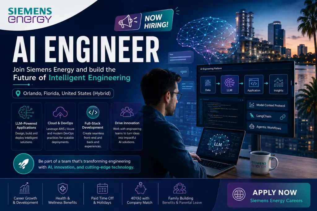 AI Engineer Jobs at Siemens Energy in Orlando, Florida, building LLM-powered applications for engineering teams.