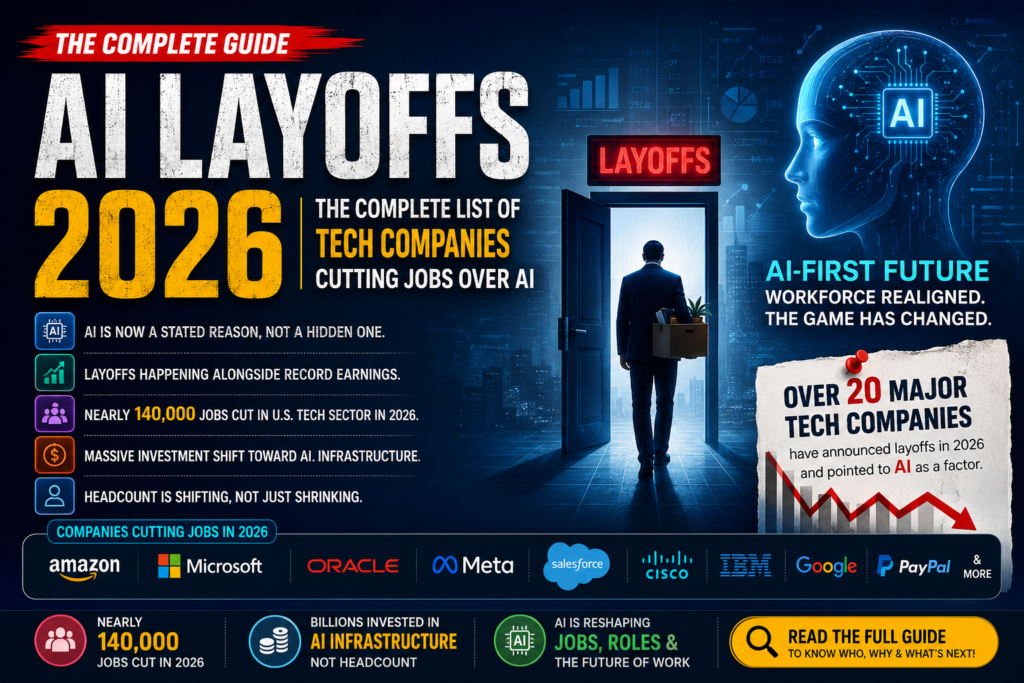 Infographic showing AI Layoffs 2026 across major tech companies, highlighting job cuts, AI restructuring, and workforce trends.