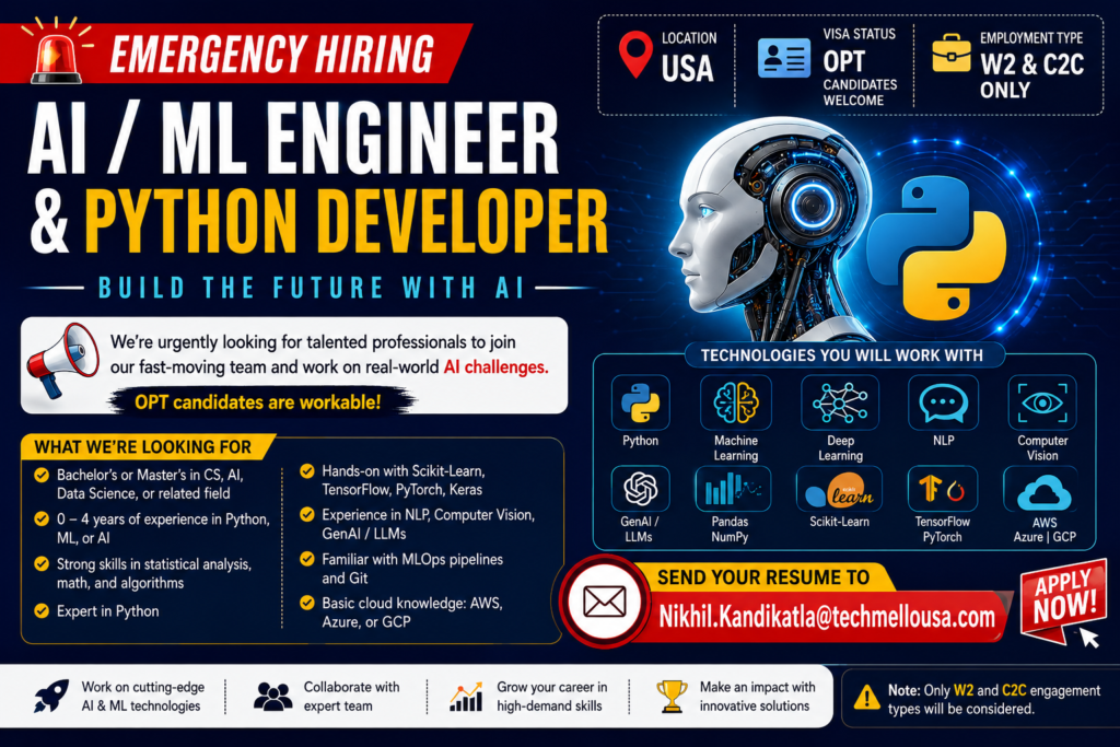 AI ML Engineer Jobs hiring Python Developers with ML, NLP, GenAI, and cloud skills in the USA.