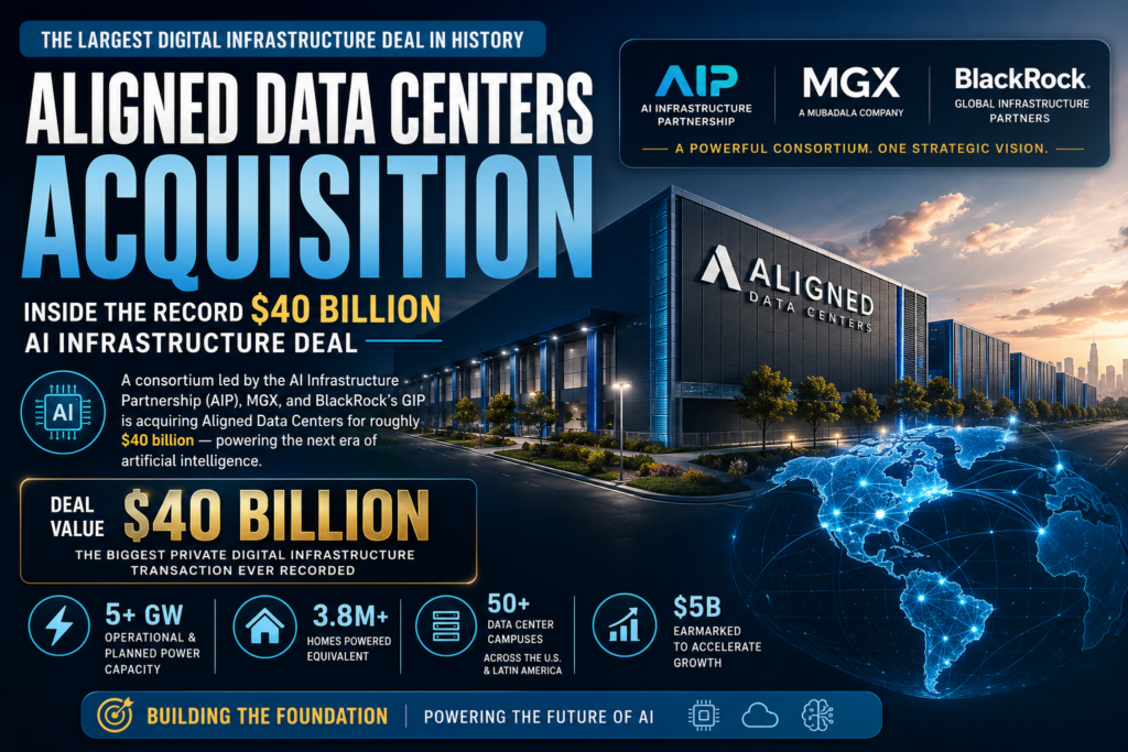 Aligned Data Centers Acquisition showing the $40 billion AI infrastructure deal led by AIP, MGX, and BlackRock GIP.