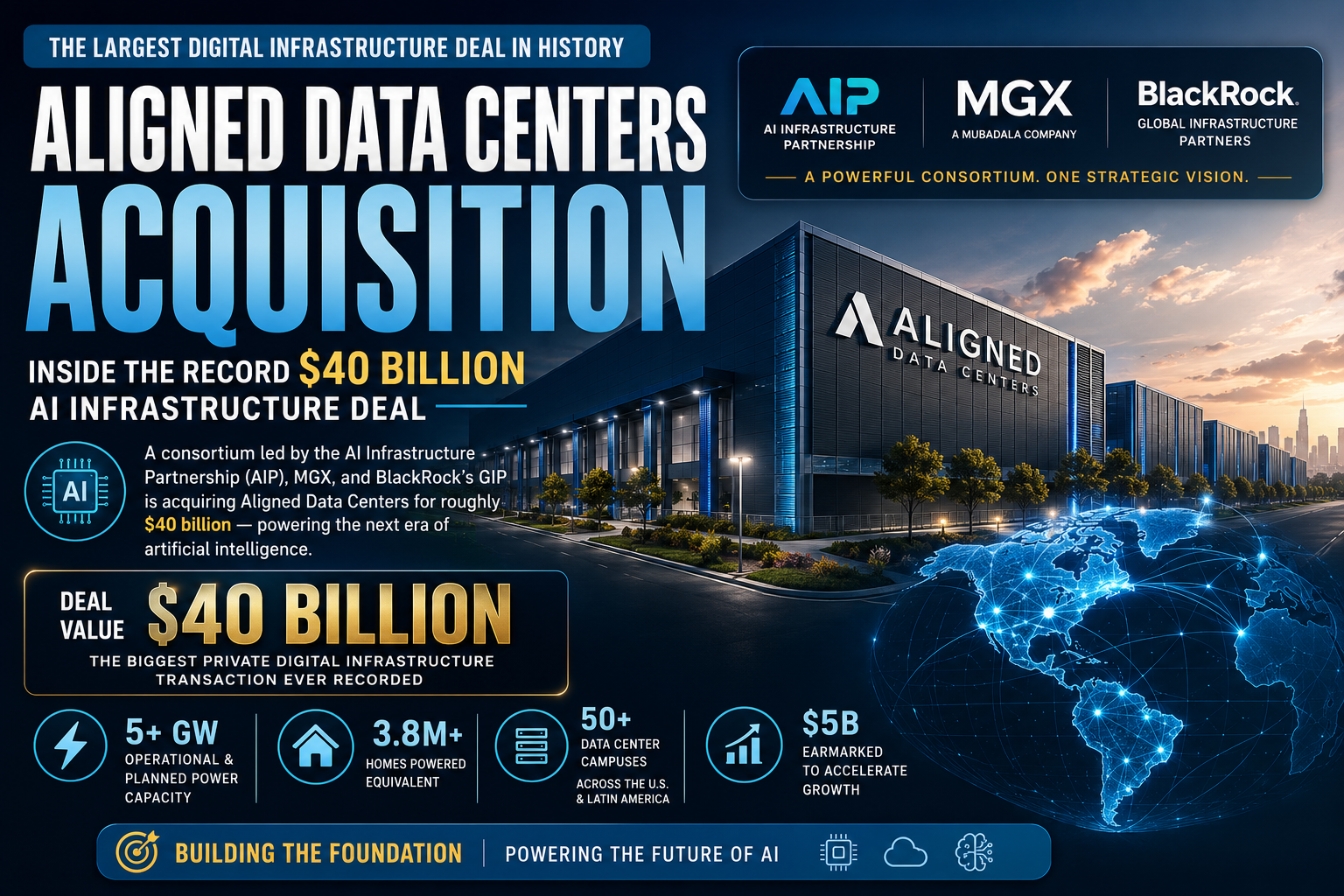Aligned Data Centers Acquisition showing the $40 billion AI infrastructure deal led by AIP, MGX, and BlackRock GIP.