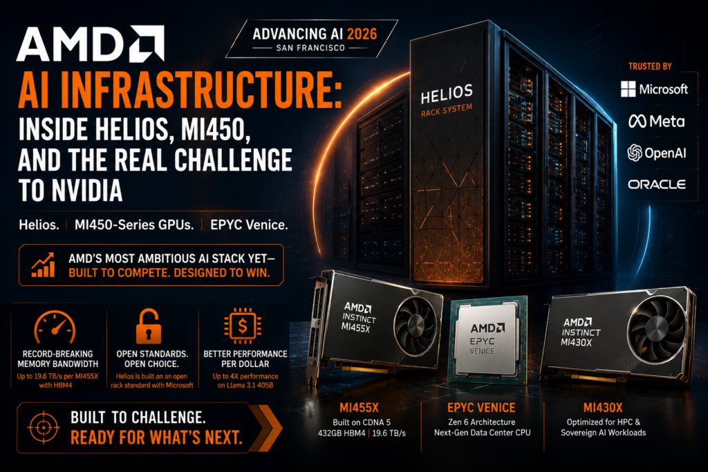 AMD AI Infrastructure featuring the Helios rack, MI450 GPUs, and EPYC Venice processors for enterprise AI workloads.