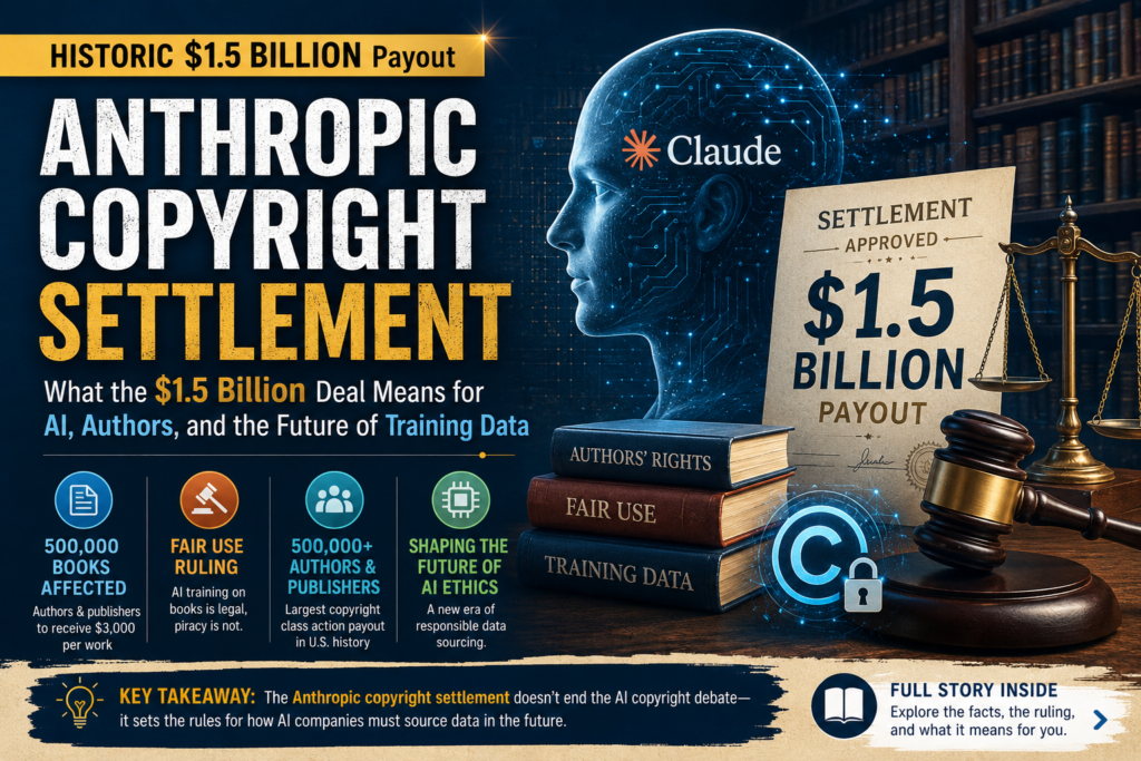 Illustration of the Anthropic copyright settlement involving AI training data, authors, books, and copyright law.