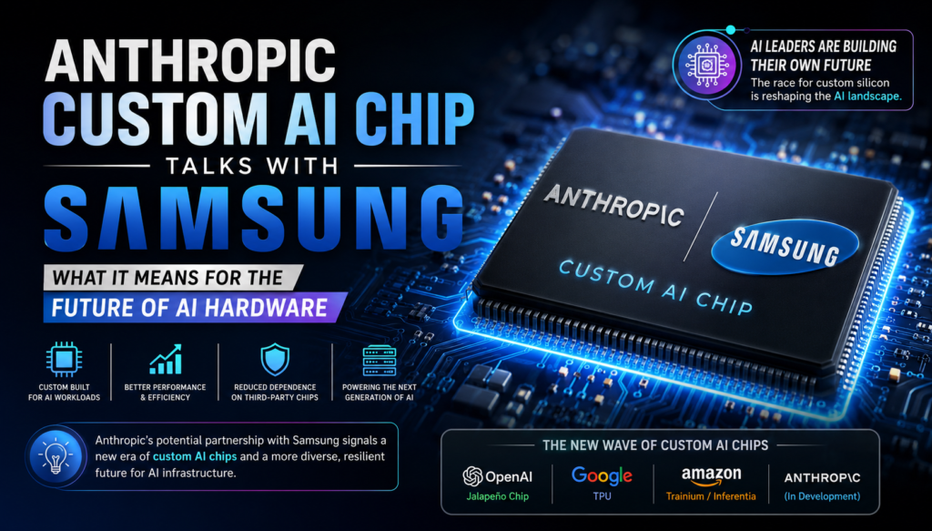 Anthropic custom AI chip concept showing Samsung partnership for next-generation AI hardware development.