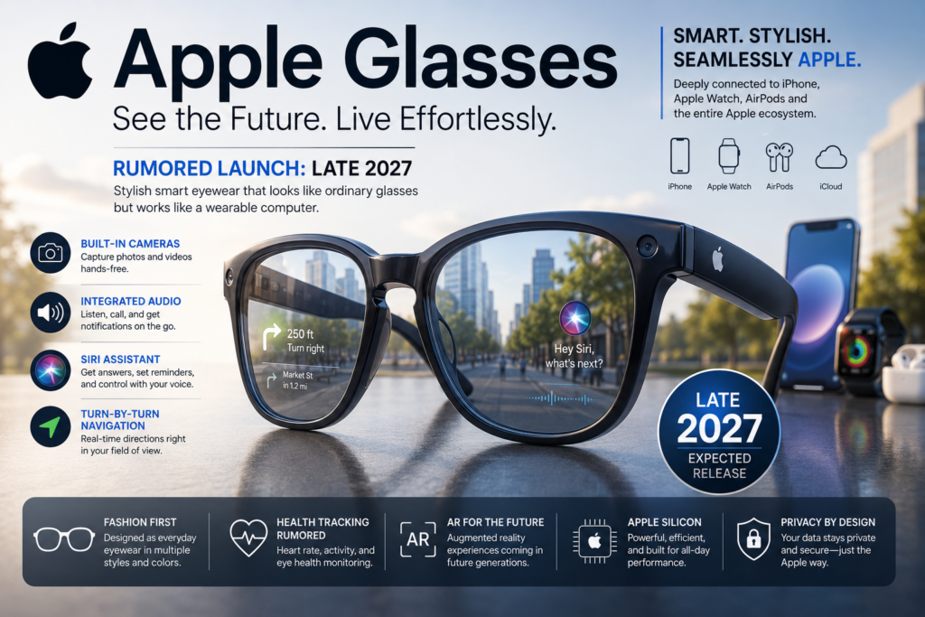 Apple Glasses concept showing smart eyewear with cameras, Siri, navigation, and Apple ecosystem integration expected in 2027.