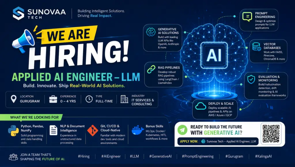 Applied AI Engineer Jobs at Sunovaa Tech for LLM, RAG, prompt engineering, and Generative AI roles in Gurugram.