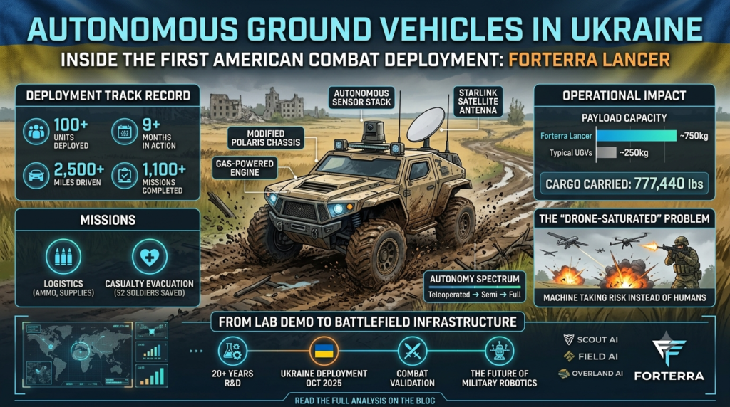 Autonomous ground vehicles transporting military supplies during combat operations in Ukraine.
