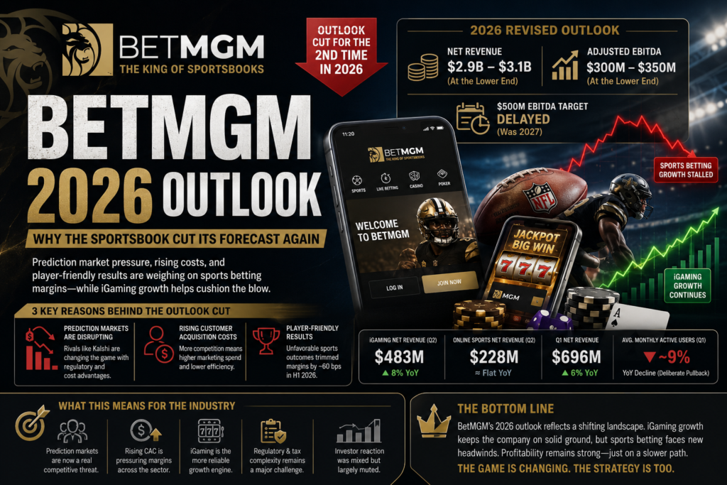 BetMGM 2026 outlook showing revised revenue forecast, sportsbook performance, and iGaming growth for 2026.