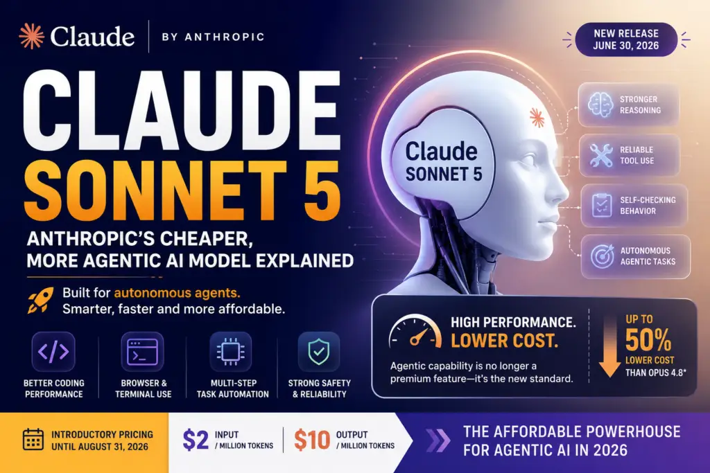 Claude Sonnet 5 infographic showcasing pricing, features, agentic AI capabilities, and performance comparison for 2026.