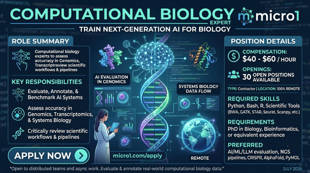 Computational Biology Expert Jobs for AI training featuring remote genomics, bioinformatics, and Python-based research work.