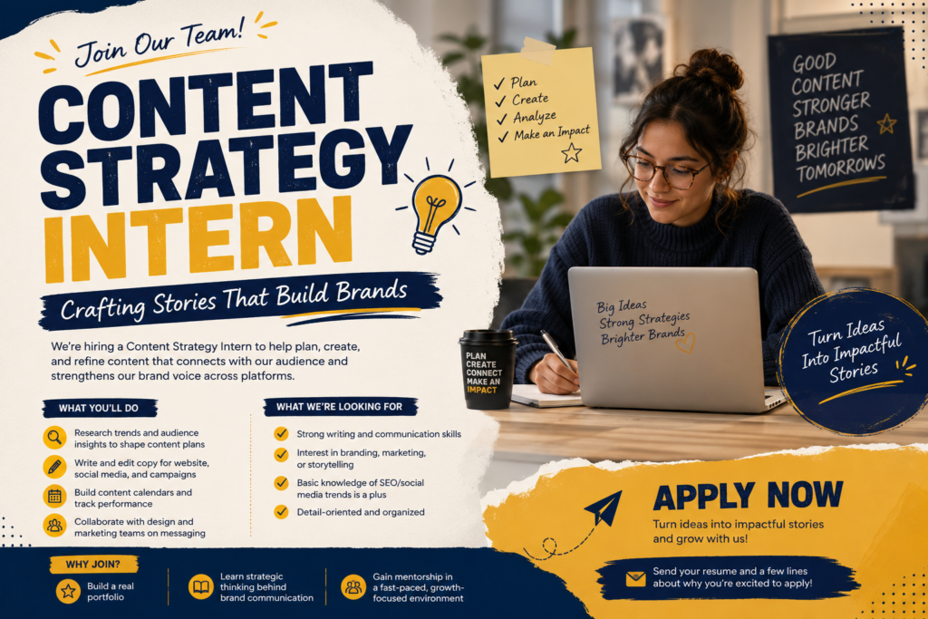 Content Strategy Intern creating brand content and marketing strategy in a collaborative workplace.