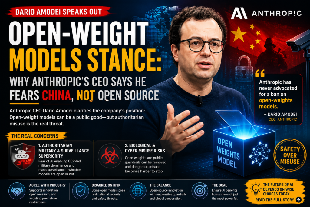 Dario Amodei discussing open-weight models, Anthropic AI policy, and concerns about China and AI safety.
