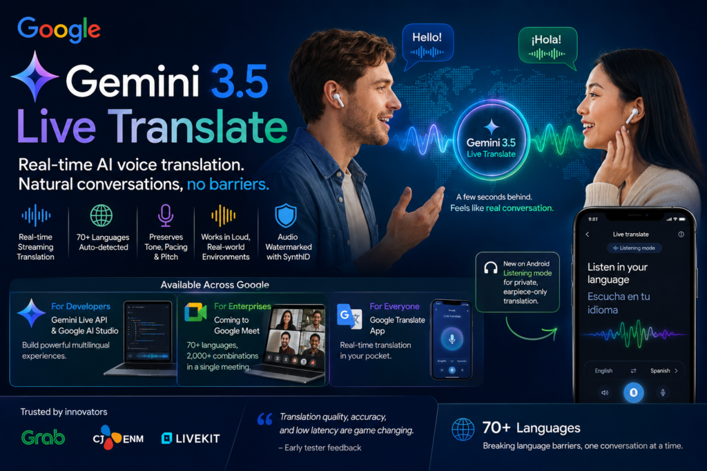 Gemini 3.5 Live Translate translating real-time speech across multiple languages with natural AI voice output.