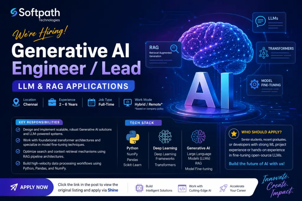 Generative AI Engineer Jobs at Softpath Technologies for professionals with Python, LLM, RAG, and transformer experience.