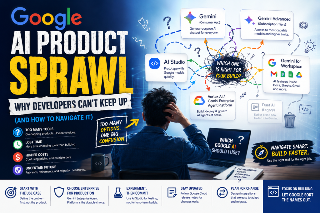 Illustration of Google AI product sprawl showing Gemini, AI Studio, Vertex AI, and Workspace connections.