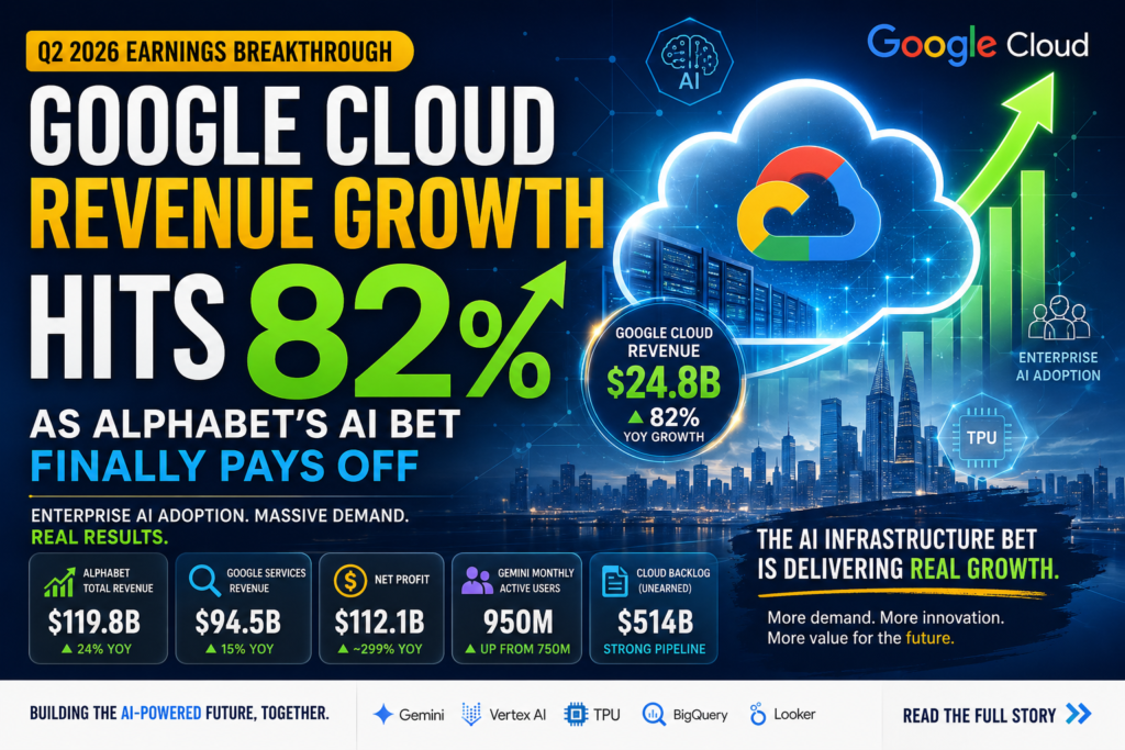 Google Cloud revenue growth reaches 82% in Q2 2026, driven by enterprise AI adoption and Alphabet's cloud expansion.