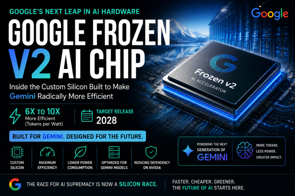 Illustration of the Google Frozen v2 AI chip powering Gemini models with higher efficiency and custom AI silicon.