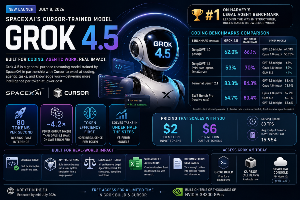Grok 4.5 coding AI model benchmark comparison showing pricing, token efficiency, and coding performance overview.