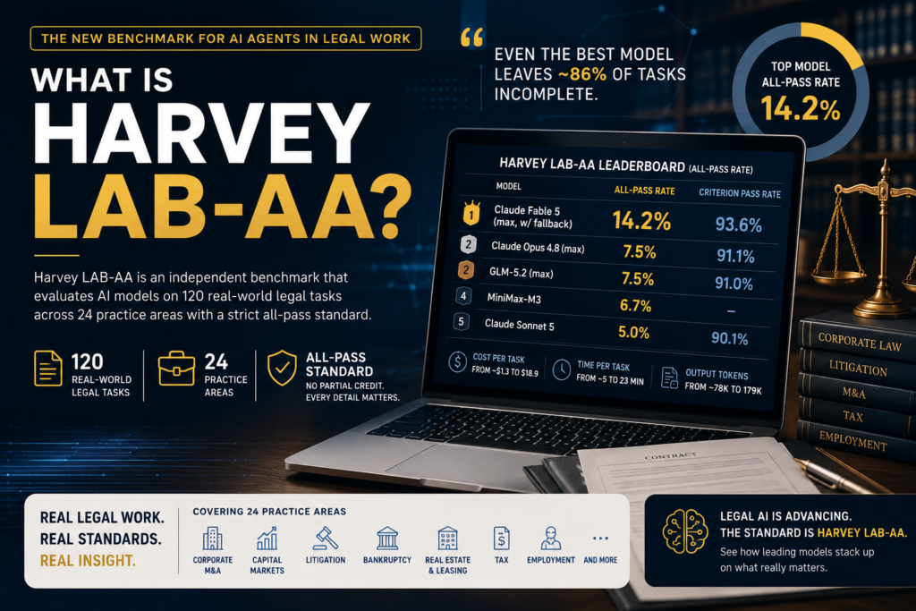 Harvey LAB-AA benchmark comparing AI legal models across real-world legal tasks and performance rankings.