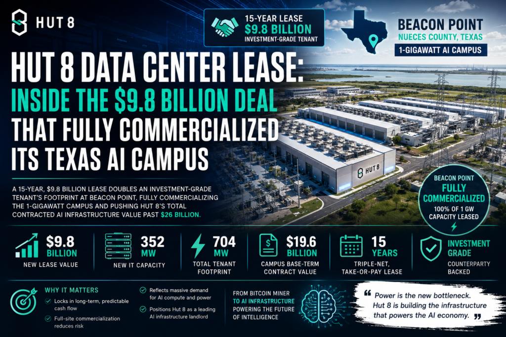 Hut 8 data center lease at the Beacon Point AI campus in Texas showing large-scale hyperscale infrastructure expansion.